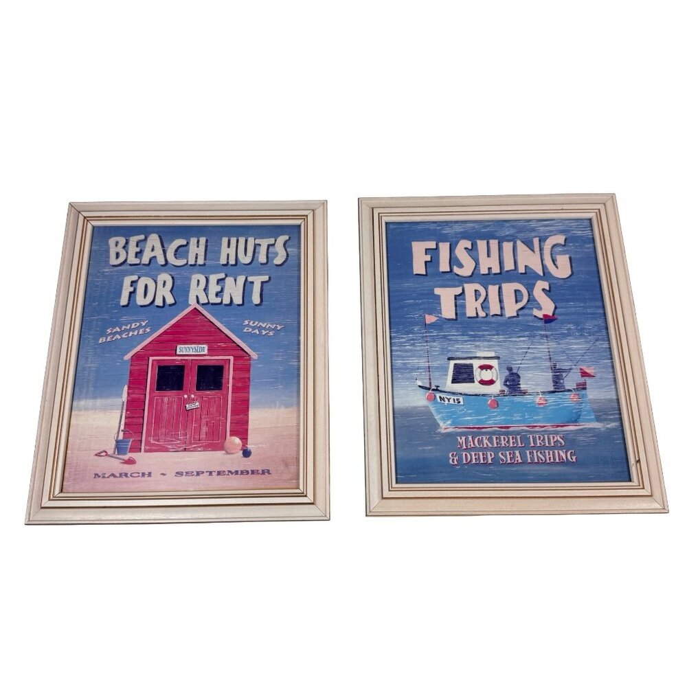 Martin Wiscombe Print Framed Set 2 Boat Coastal Beach Wall Art  Blue Whimsical - Picture 2 of 9